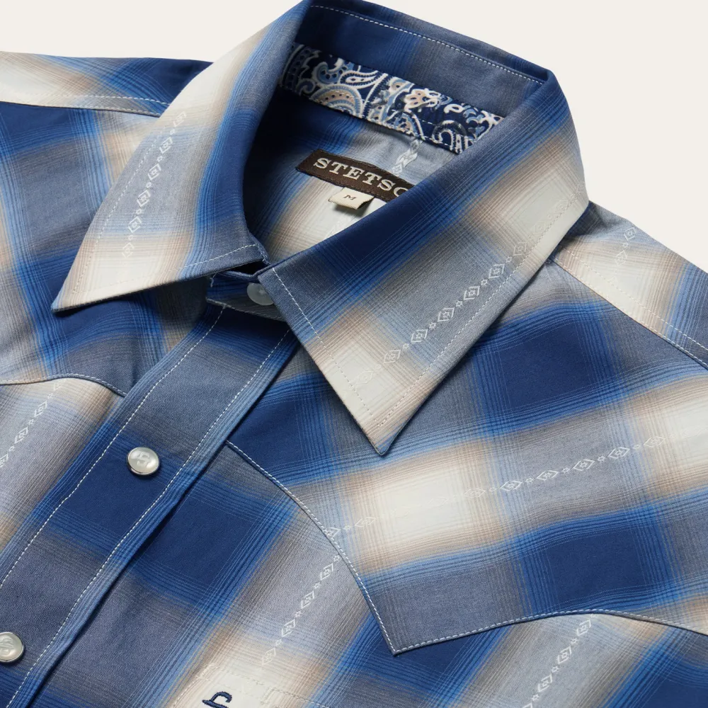Stetson Ombre Plaid Short Sleeve Western Shirt Blue Online