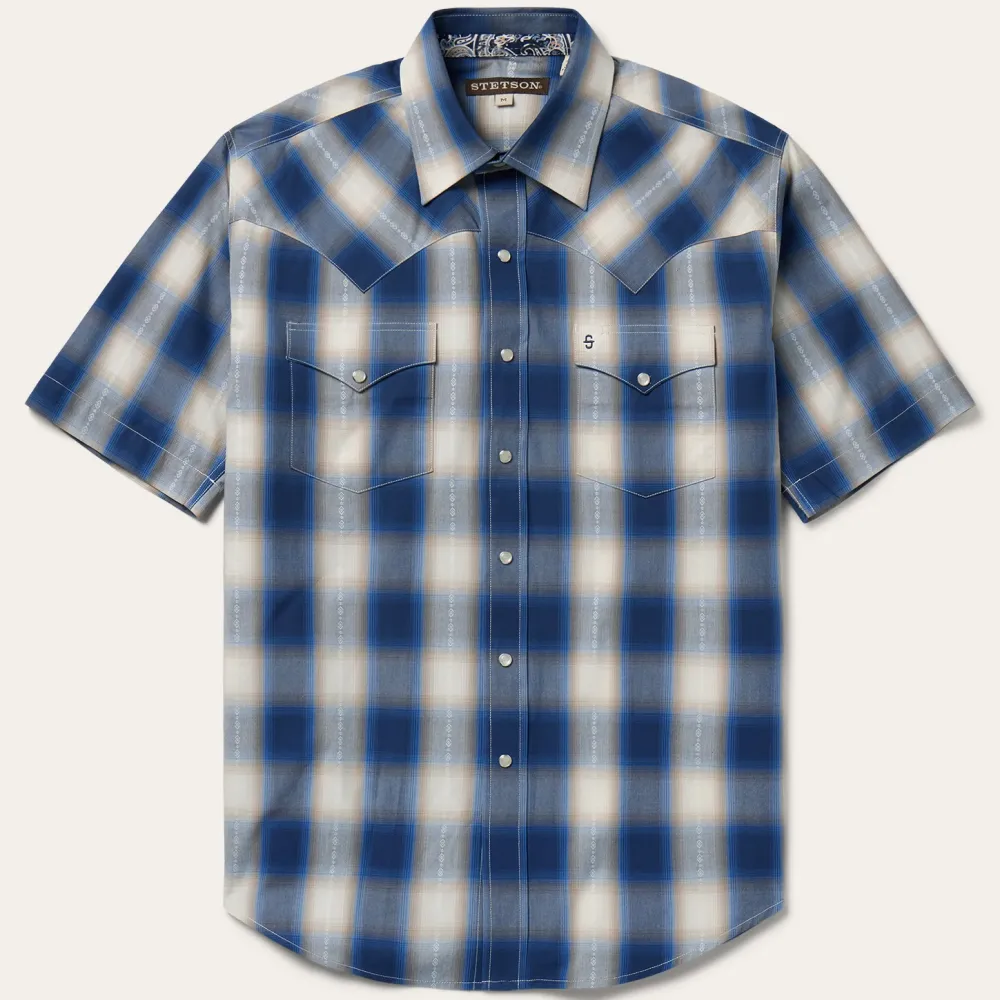 Stetson Ombre Plaid Short Sleeve Western Shirt Blue Best