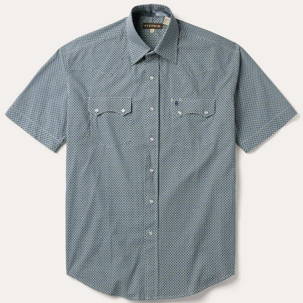 Stetson Circle Diamond Print Short Sleeve Western Shirt Green Outlet