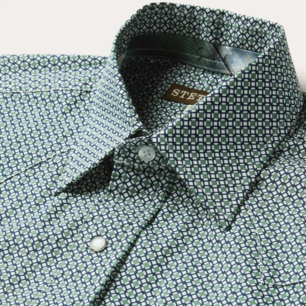 Stetson Circle Diamond Print Short Sleeve Western Shirt Green Outlet