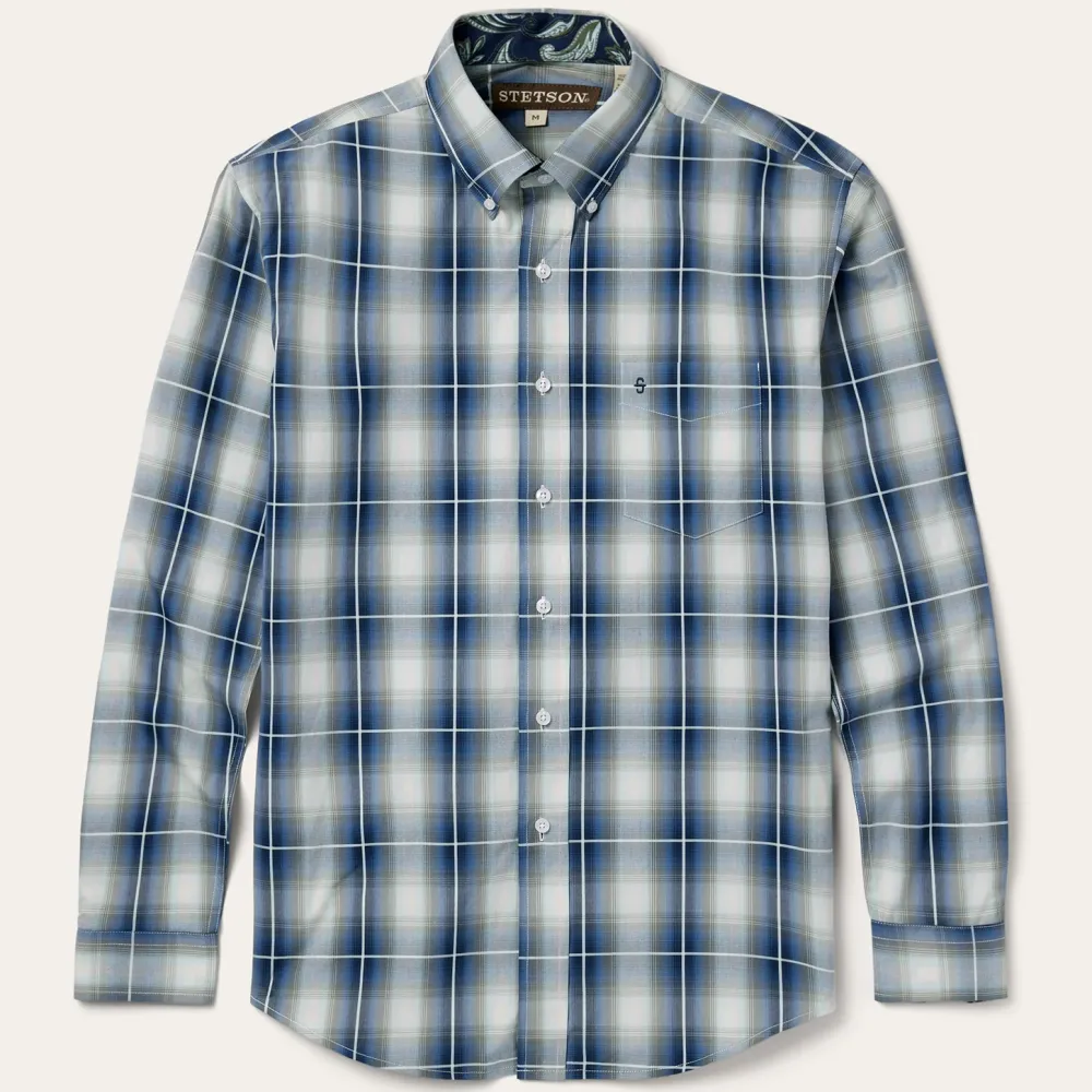 Stetson Crystal Plaid Button Down Shirt Blue New