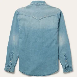 Stetson Distressed Denim Western Shirt Blue
