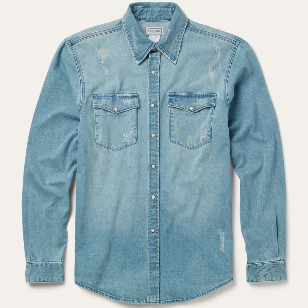 Stetson Distressed Denim Western Shirt Blue Hot