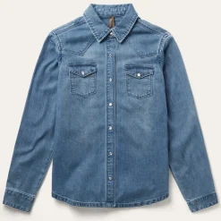 Stetson Embroidered Boyfriend Fit Denim Shirt Blue New