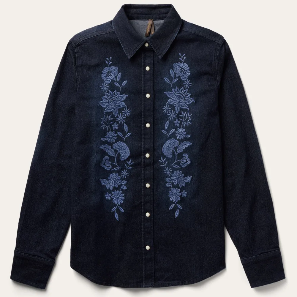 Stetson Embroidered Dark Denim Snap Front Blouse Blue Clearance