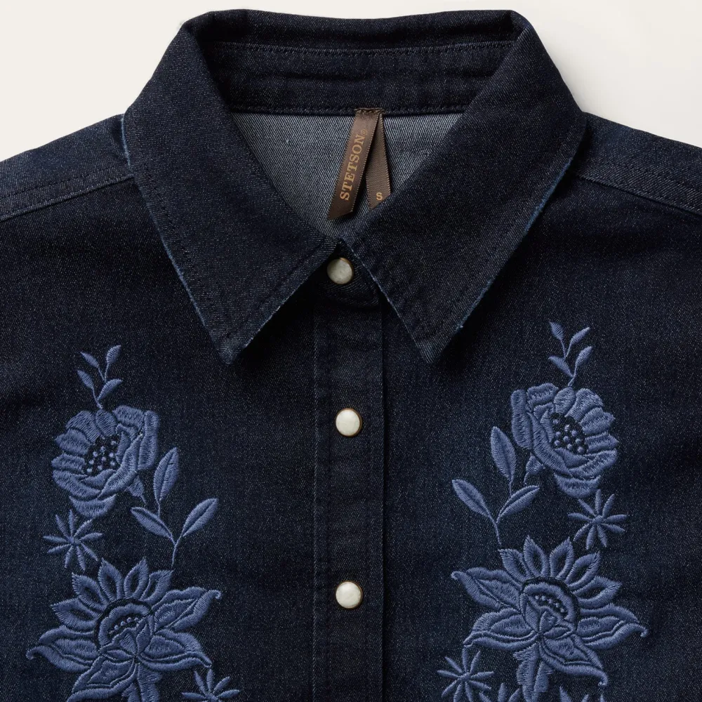 Stetson Embroidered Dark Denim Snap Front Blouse Blue Clearance