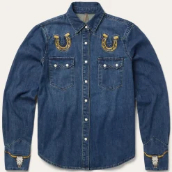 Stetson Embroidered Dark Denim Western Shirt Blue Best