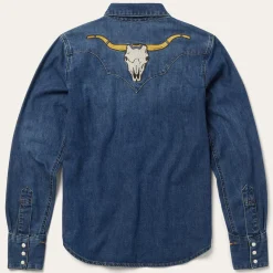 Stetson Embroidered Dark Denim Western Shirt Blue Best