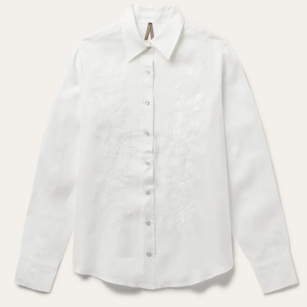 Stetson Embroidered Tonal Stripe Linen Blouse White Clearance