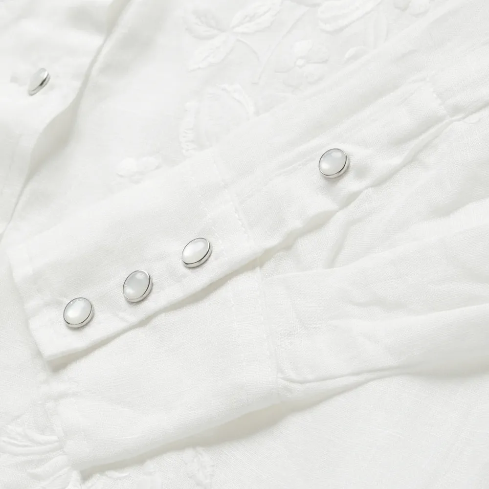 Stetson Embroidered Tonal Stripe Linen Blouse White Clearance