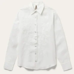 Stetson Embroidered Tonal Stripe Linen Blouse White Outlet