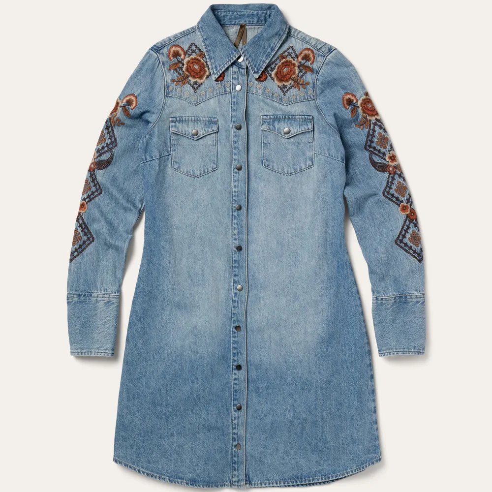 Stetson Floral Embroidered Denim Shirt Dress Blue Discount