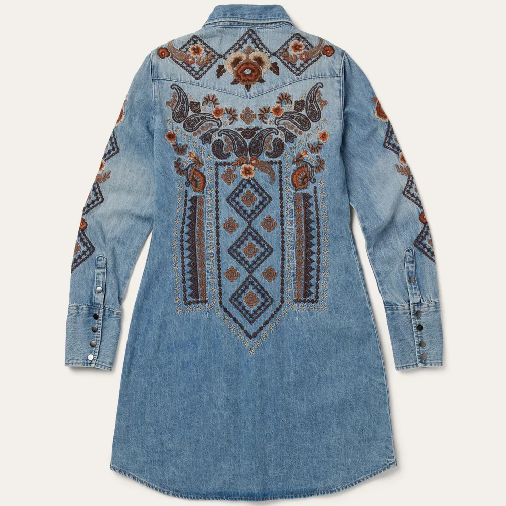 Stetson Floral Embroidered Denim Shirt Dress Blue Discount