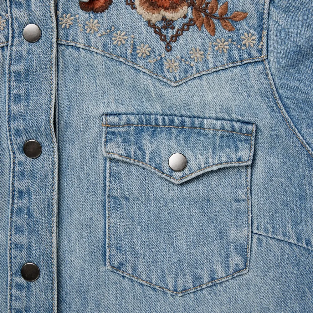 Stetson Floral Embroidered Denim Shirt Dress Blue Discount