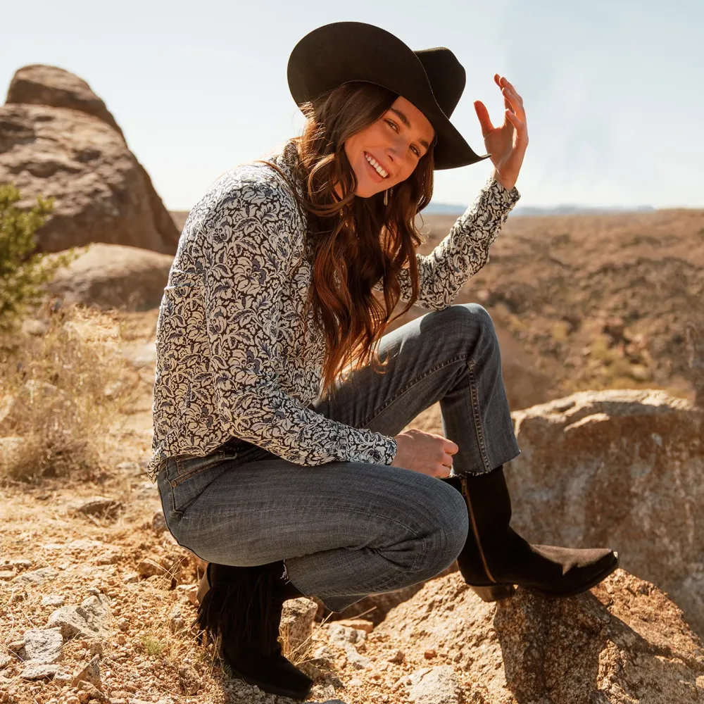 Stetson Halle Suede Fringe Side Zip Boot Black Sale