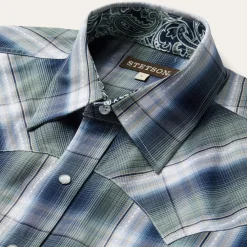 Stetson Lucky Diamond Plaid Western Shirt Green Clearance