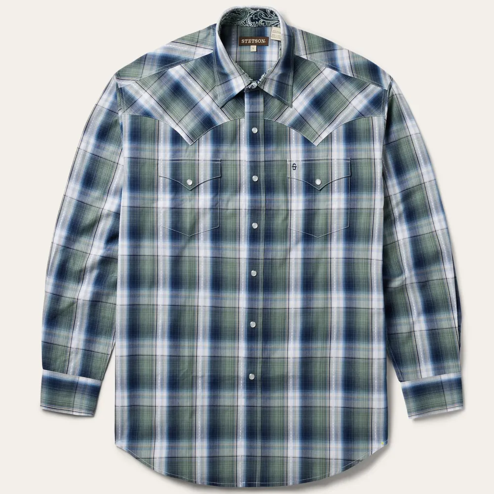 Stetson Lucky Diamond Plaid Western Shirt Green Outlet