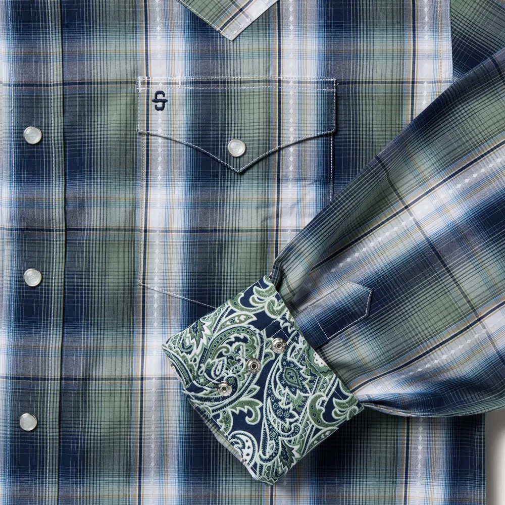 Stetson Lucky Diamond Plaid Western Shirt Green Outlet