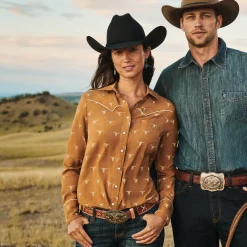 Stetson Mojave Longhorn Print Snap Western Shirt Brown Best