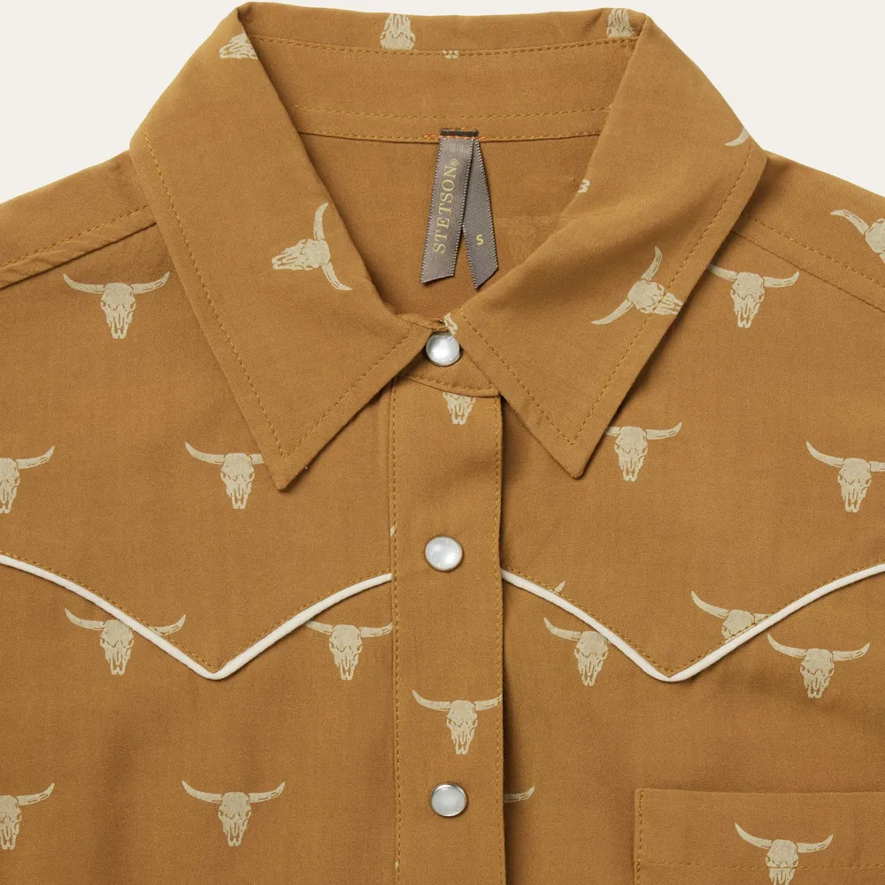 Stetson Mojave Longhorn Print Snap Western Shirt Brown Clearance