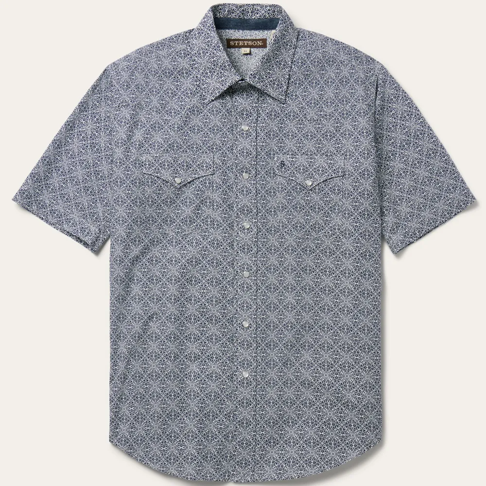 Stetson Navy Print Short Sleeve Western Shirt Blue Discount