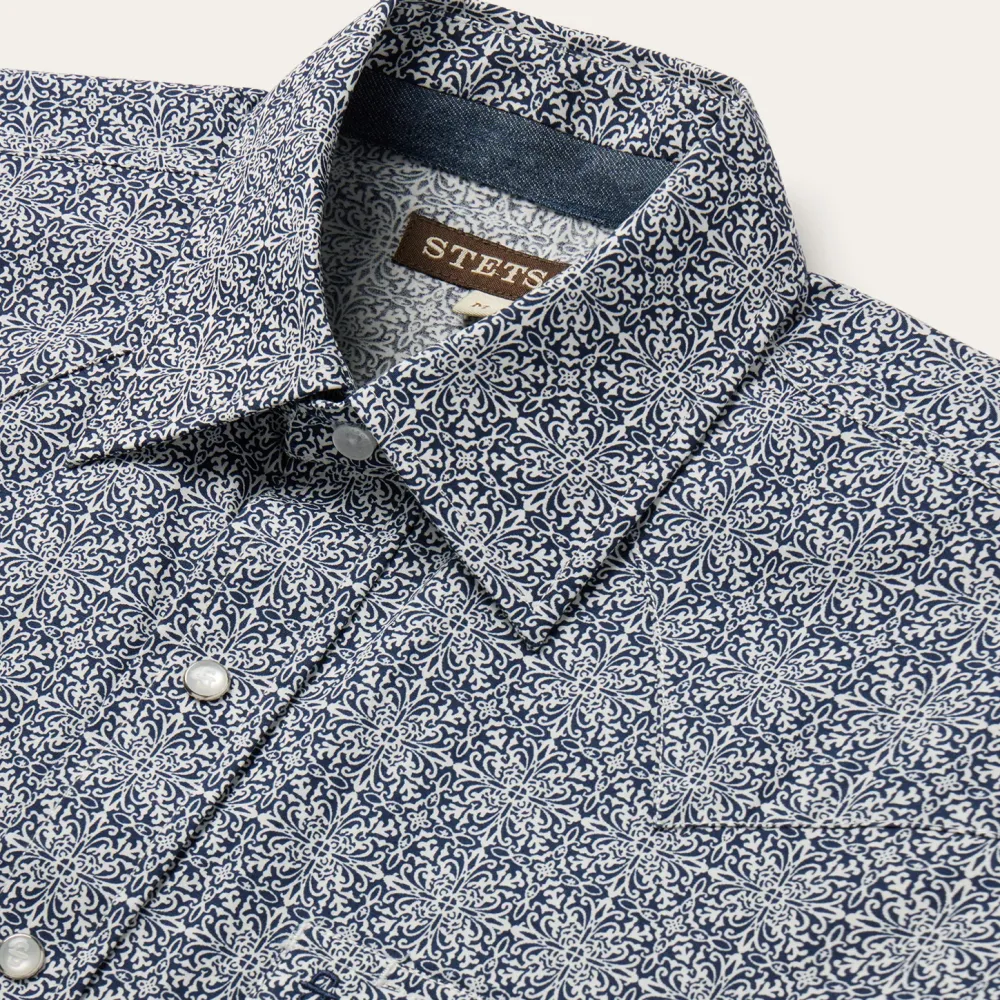 Stetson Navy Print Short Sleeve Western Shirt Blue Discount