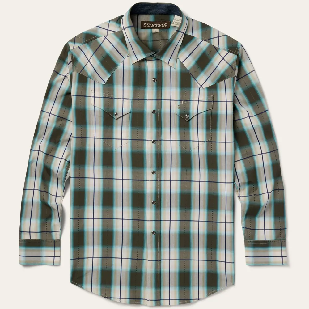 Stetson Olive Ombre Plaid Western Shirt Green