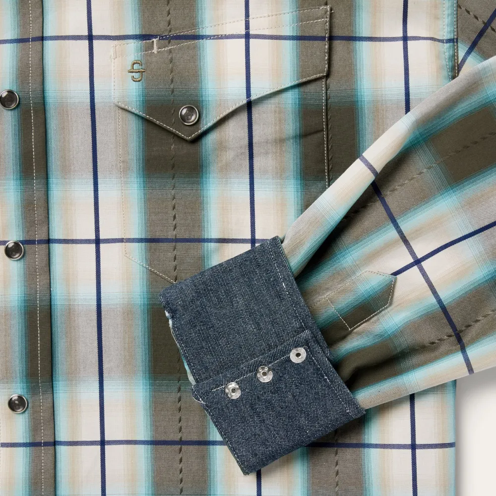 Stetson Olive Ombre Plaid Western Shirt Green