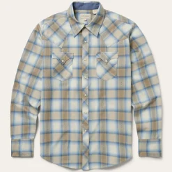 Stetson Sand Plaid Dobby Western Shirt Brown Outlet