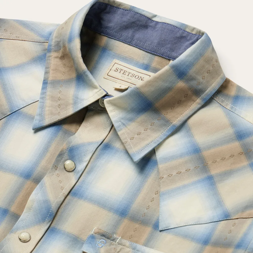 Stetson Sand Plaid Dobby Western Shirt Brown Outlet