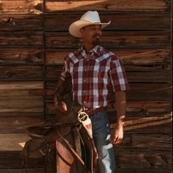 Stetson Shadow Plaid Short Sleeve Western Shirt Wine Sale