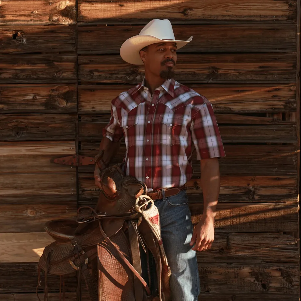 Stetson Shadow Plaid Short Sleeve Western Shirt Wine Sale