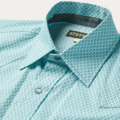 Stetson Silver Diamond Neat Print Short Sleeve Western Shirt Blue New