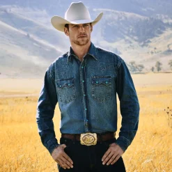 Stetson Turquoise Snap Western Denim Shirt Blue New